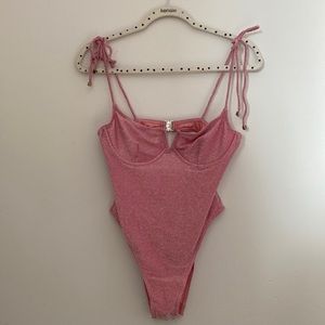 SOUTH BEACH glitter pink one piece swimwear with back clasp and tie string.